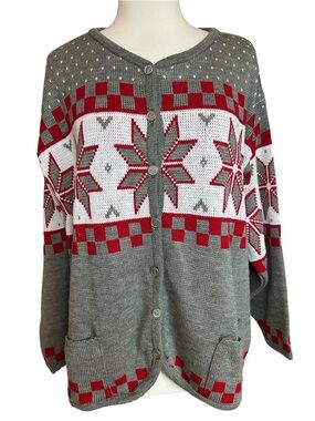 Tally Ho Vintage Fair Isle Nordic Snowflake Button Front Holiday Cardigan sz 2X
